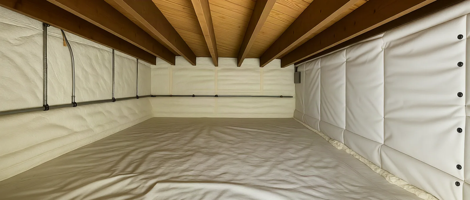 Fully encapsulated crawl space with a sealed white vapor barrier in Savannah, GA
